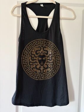 Black Women's Racerback Tank with Medusa Gold Medallion Detail